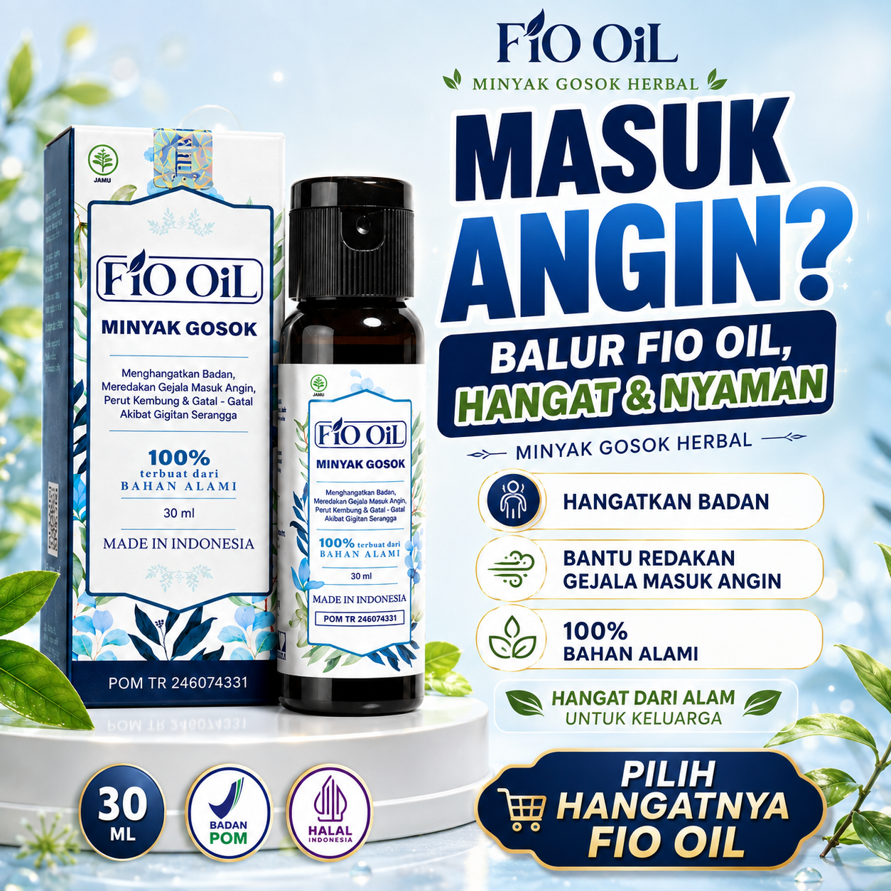 FIO OIL Minyak Gosok Redakan Masuk Angin, Perut Kembung, Gatal Digigit Serangga, Nyeri Sendi & Asam Urat, Redakan Sakit Lutut, Pegal Linu, Otot Kaku BPOM HALAL